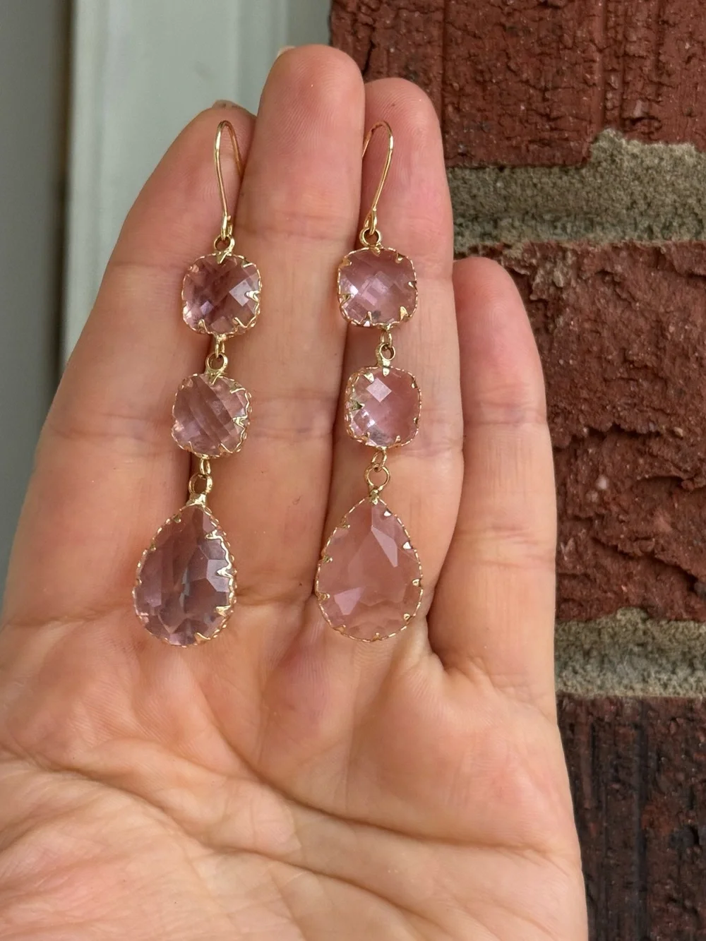 Gold Drop Earrings with Pink Gemstones
